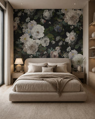 White peonies on black wallpaper in a calm neutral bedroom.