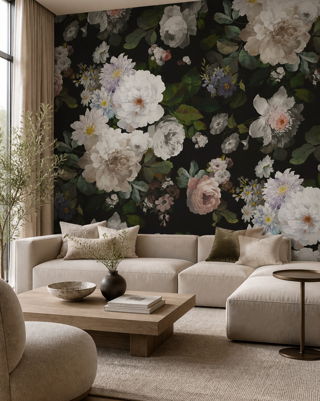 White peonies on black wallpaper in a modern living room.