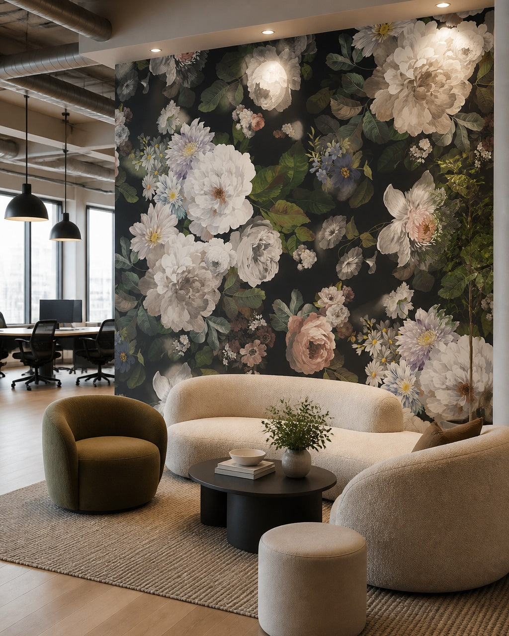 White peonies on black wallpaper in a modern living room.
