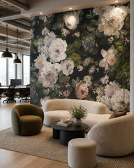 White peonies on black wallpaper in a modern living room.