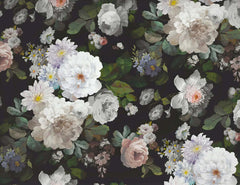Moody wallpaper with white and blush peonies, roses and green leaves on a black background.