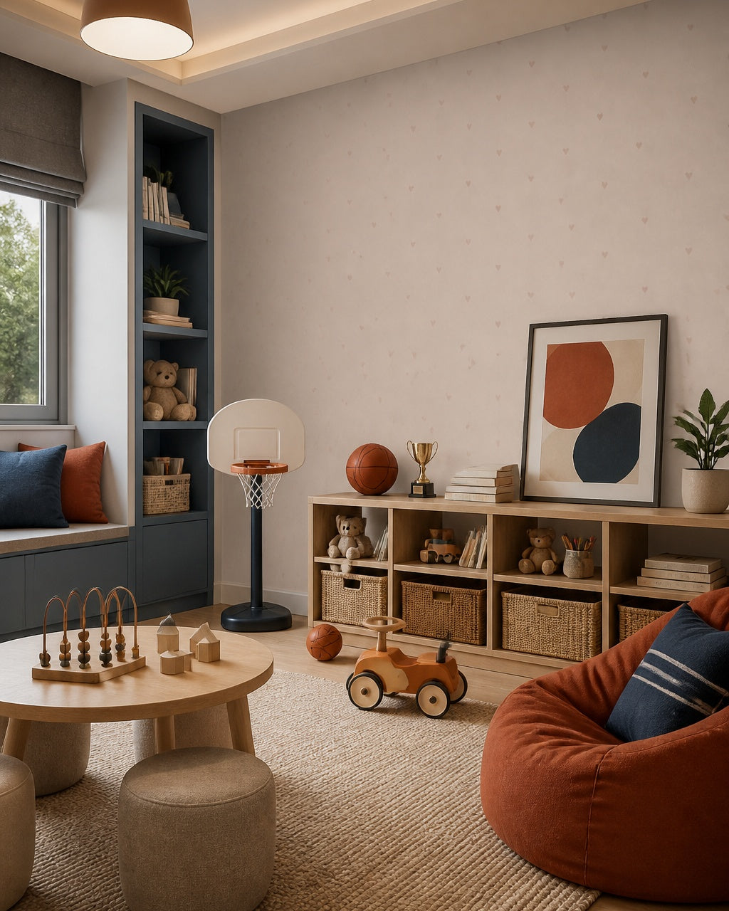 Cream speckled dots wallpaper in a kids playroom.