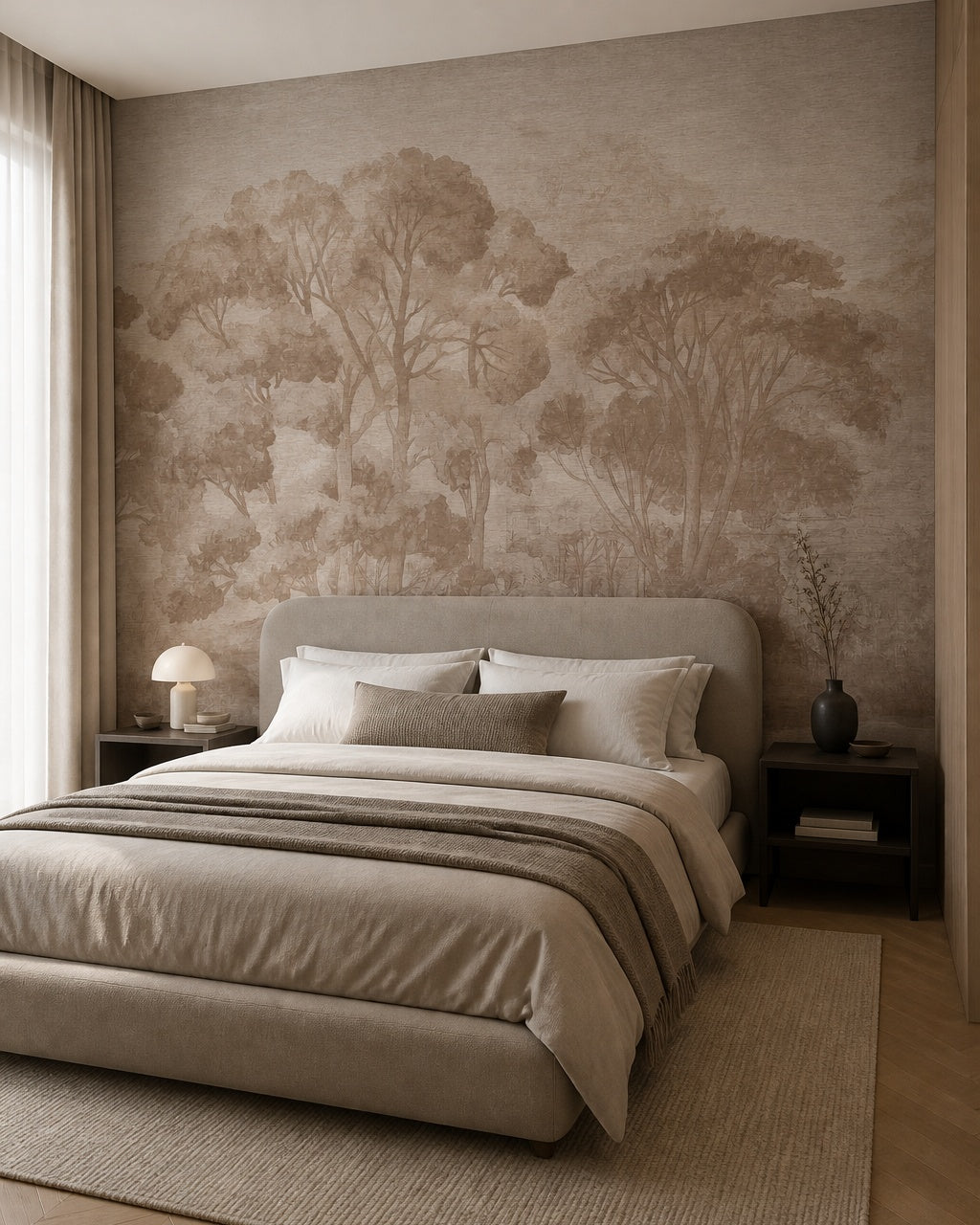 Taupe painted trees wallpaper in a calm neutral bedroom.