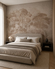 Taupe painted trees wallpaper in a calm neutral bedroom.