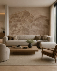 Taupe painted trees wallpaper in a modern living room.