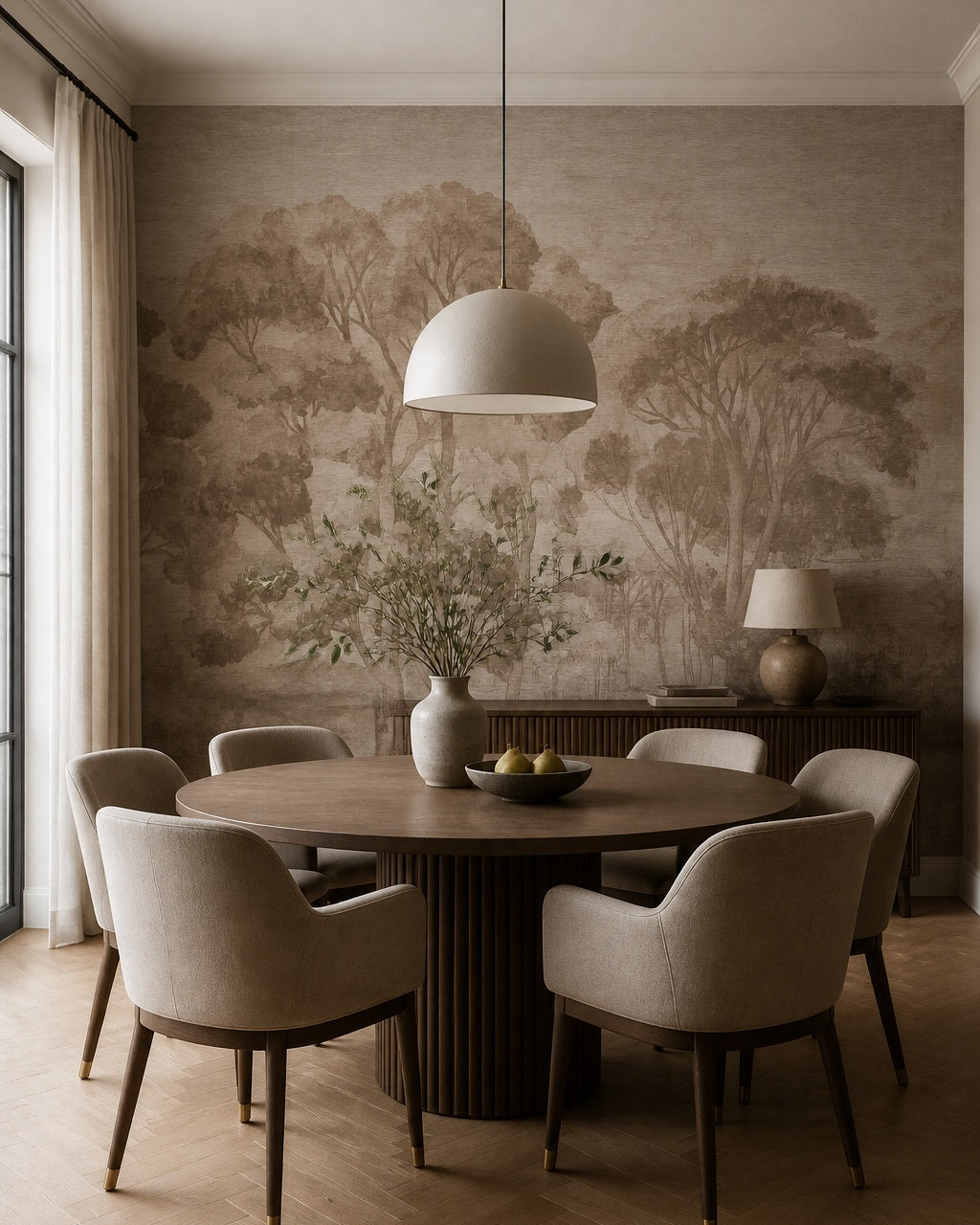 Taupe painted trees wallpaper in a dining room with a round table.