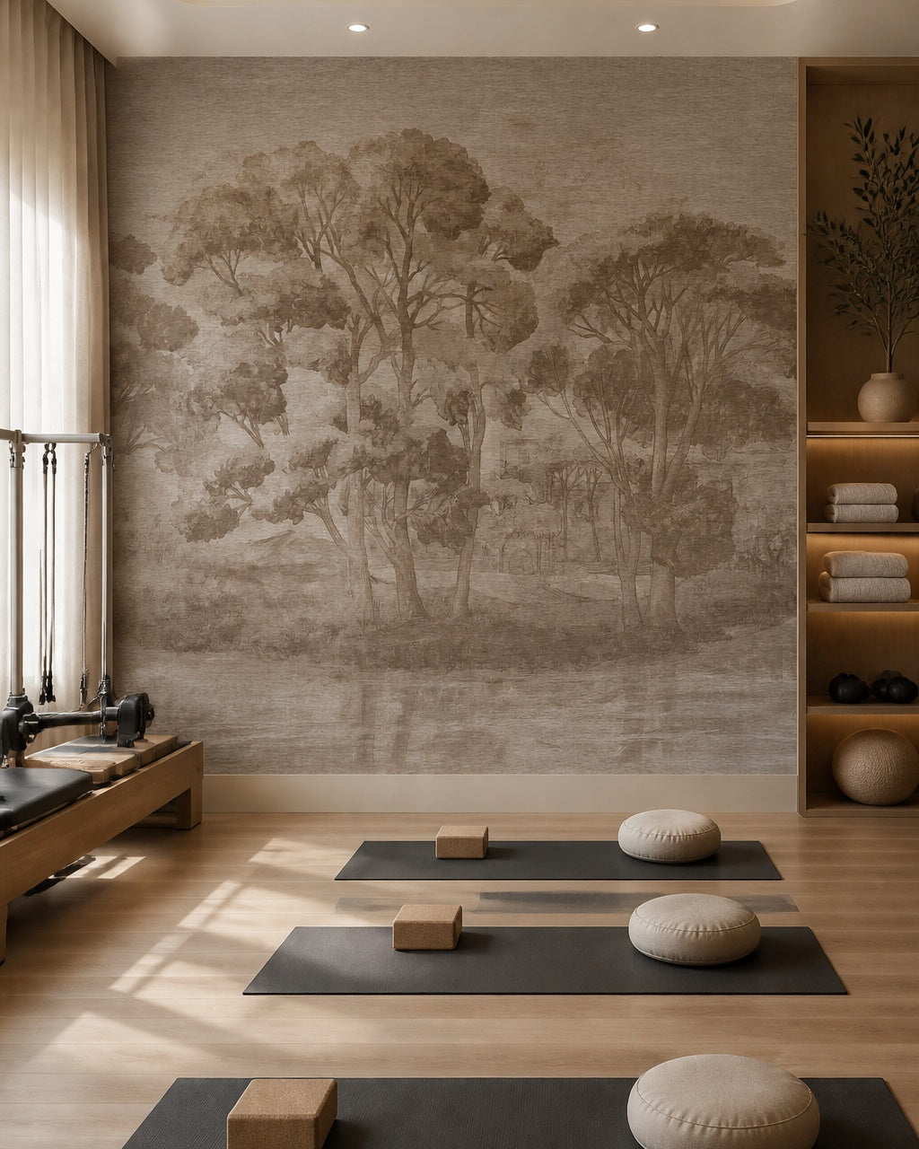 Taupe painted trees wallpaper in a pilates studio.