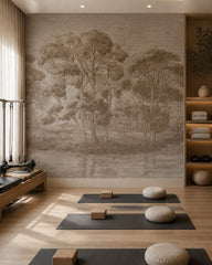 Taupe painted trees wallpaper in a pilates studio.
