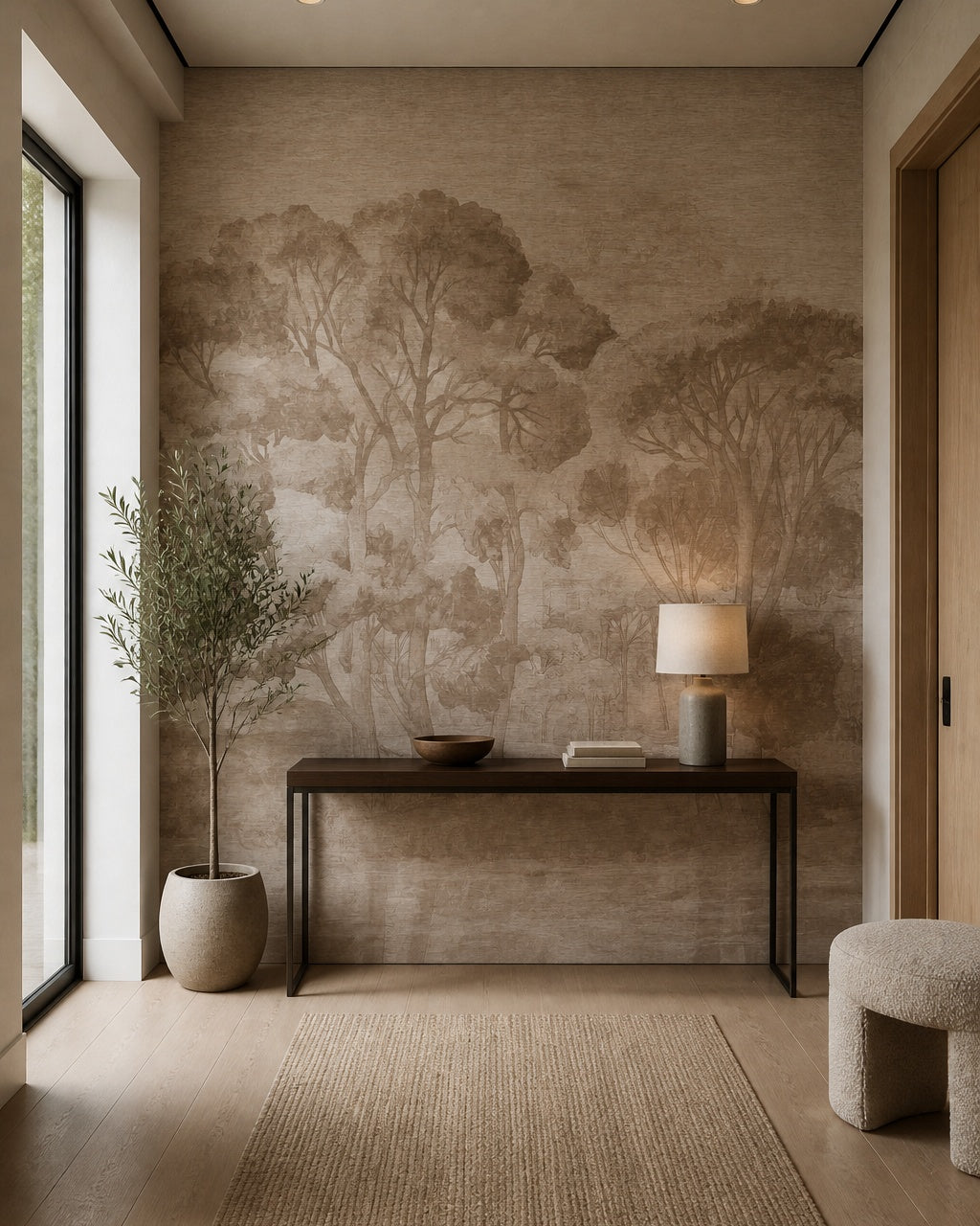 Taupe painted trees wallpaper in an entryway with a console.