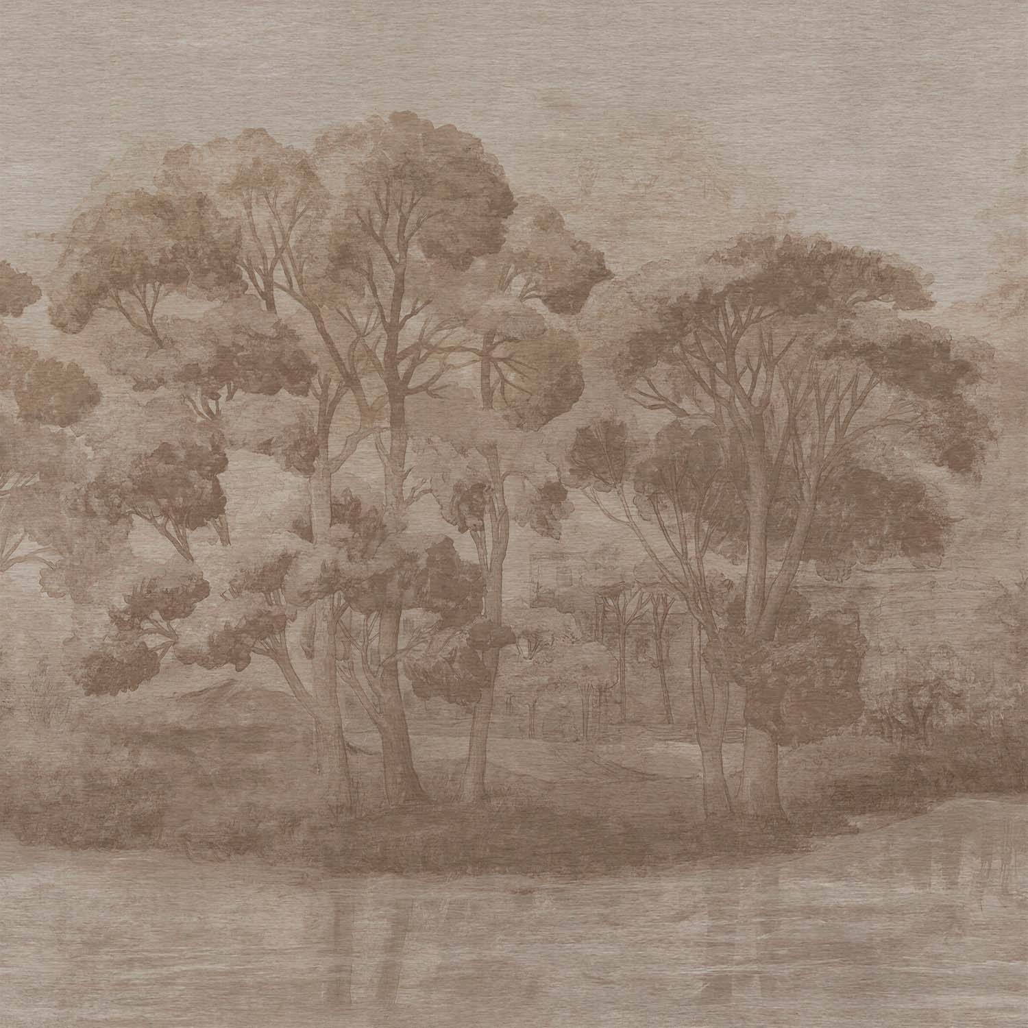 Painterly wallpaper with large taupe trees and misty foliage.