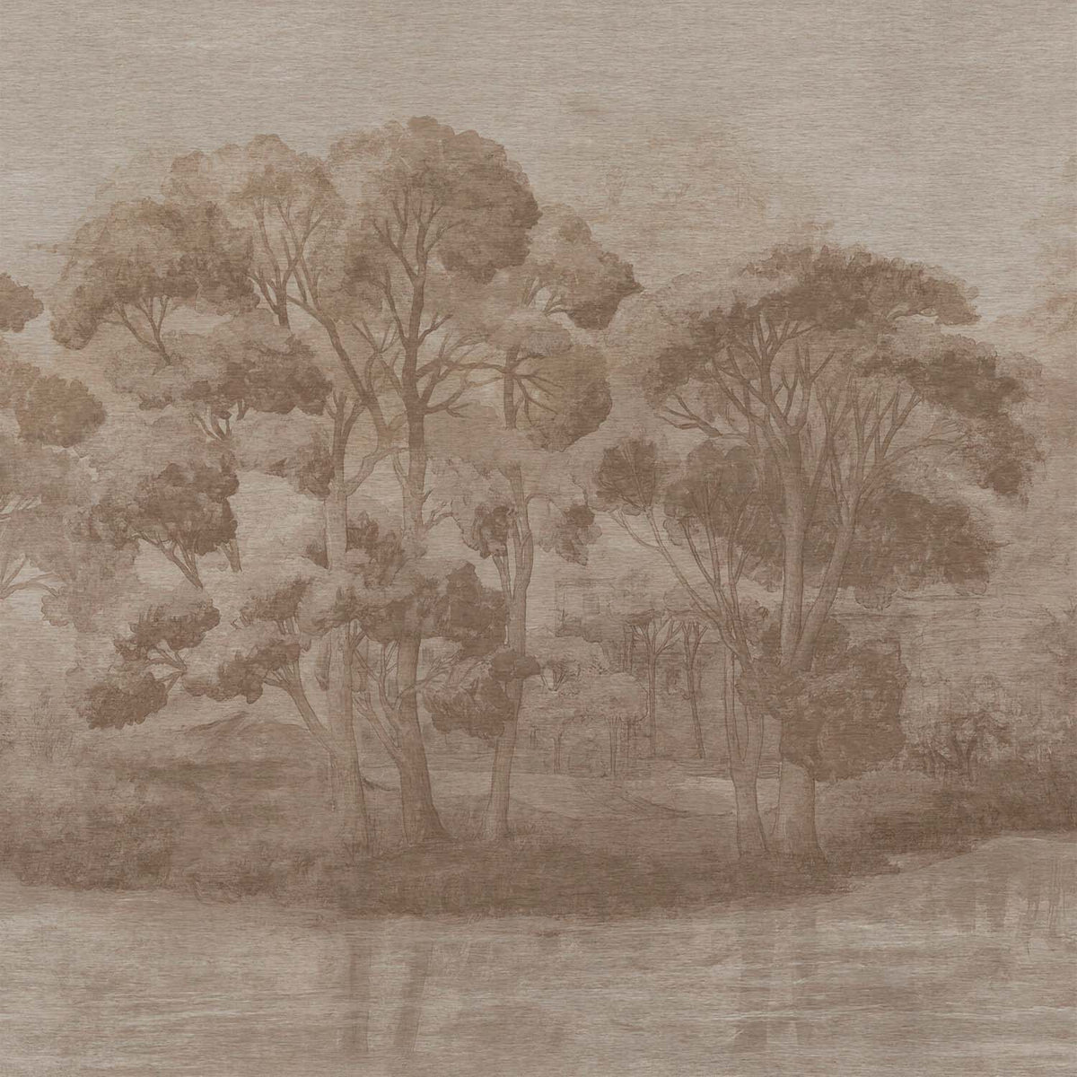 Papier peint arbres peints taupe – Panoramique forêt vintage douce