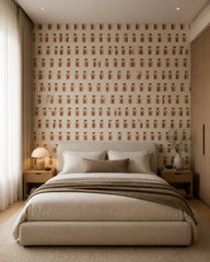 Terracotta vases pattern wallpaper in a calm neutral bedroom.