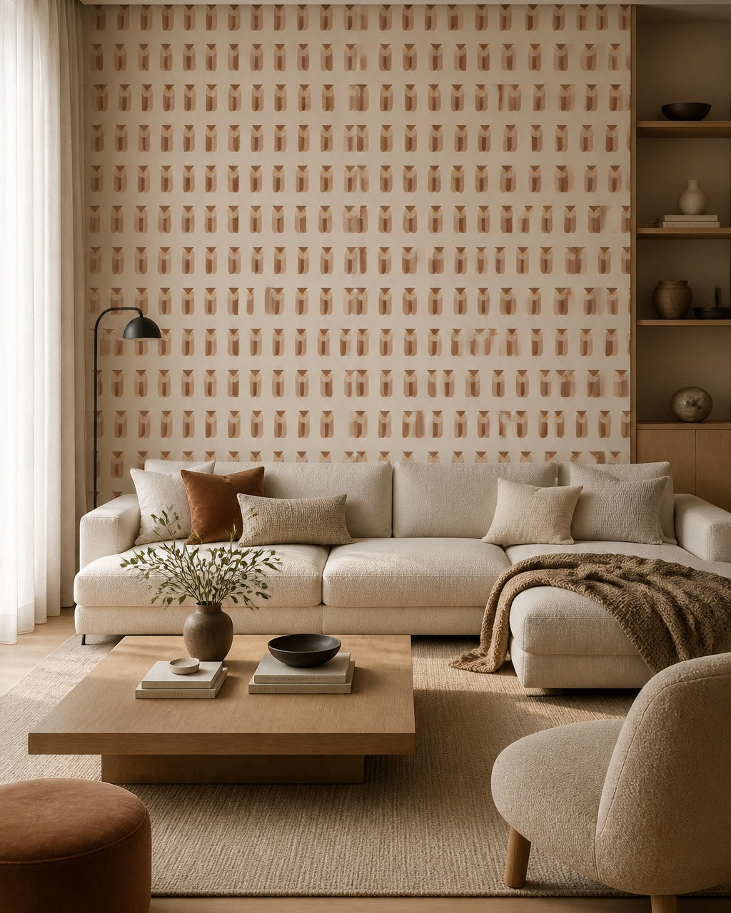 Terracotta vases pattern wallpaper in a modern living room.