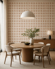Terracotta vases pattern wallpaper in a dining room with a round table.
