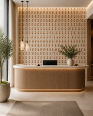 Terracotta vases pattern wallpaper in a boutique reception area.