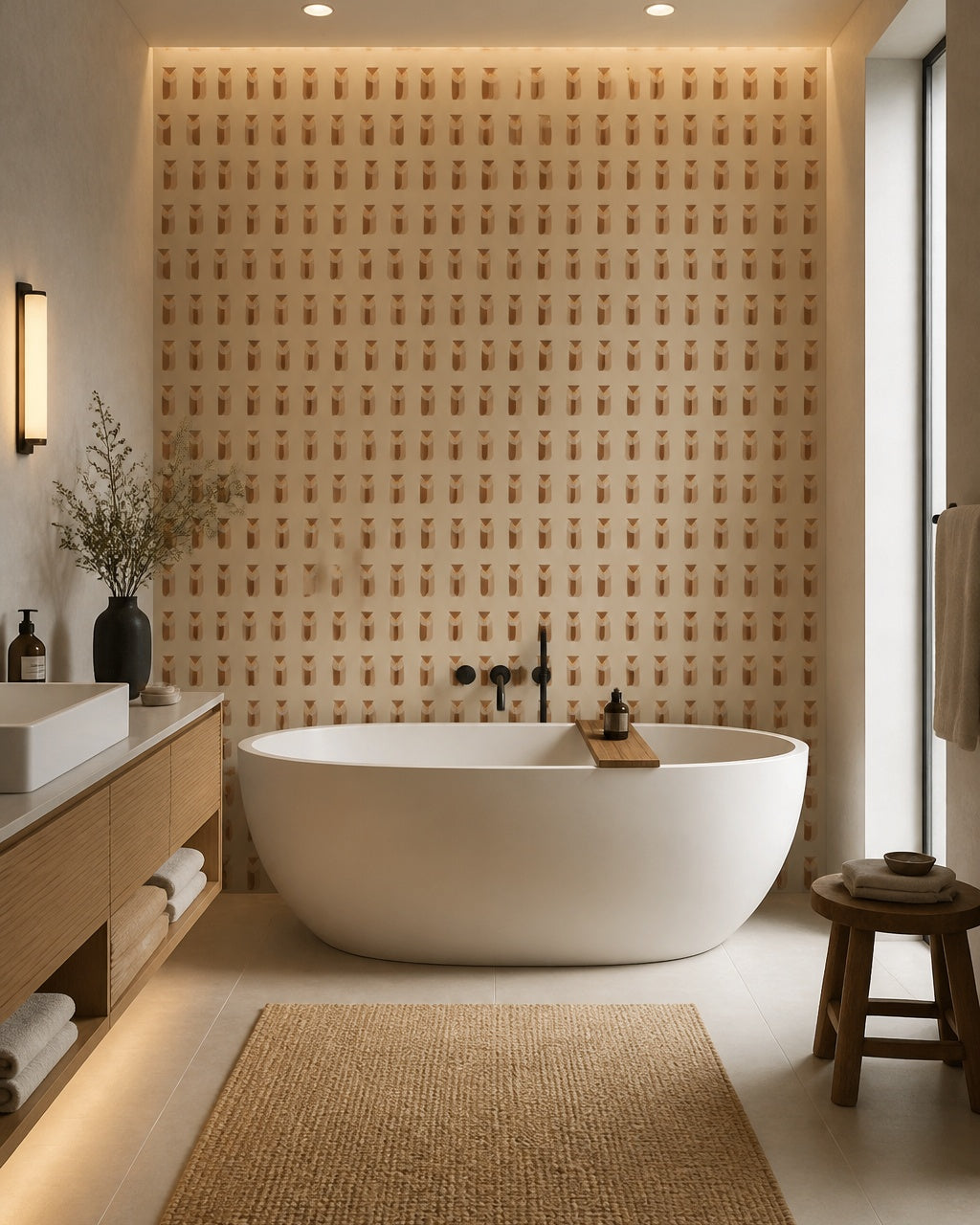 Terracotta vases pattern wallpaper in a bathroom.