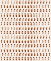 Wallpaper with a repeating pattern of small terracotta vases on cream.