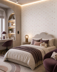 Colorful confetti dots wallpaper in a girls bedroom.