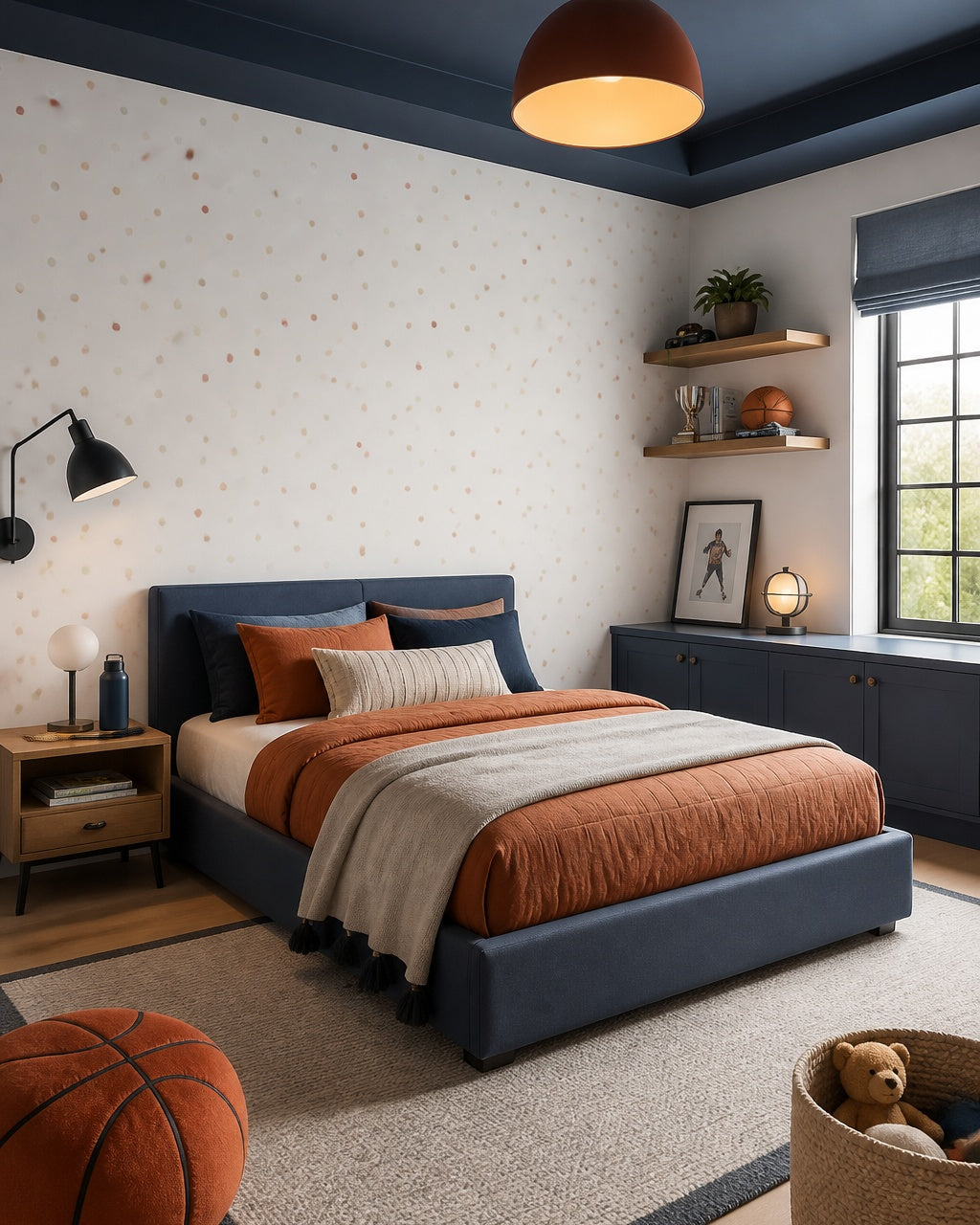Colorful confetti dots wallpaper in a boys bedroom.