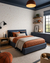 Colorful confetti dots wallpaper in a boys bedroom.