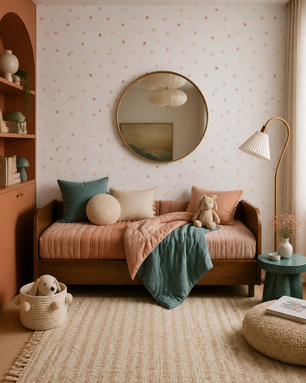 Colorful confetti dots wallpaper in a kids bedroom.