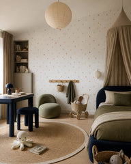 Colorful confetti dots wallpaper in a teen bedroom.