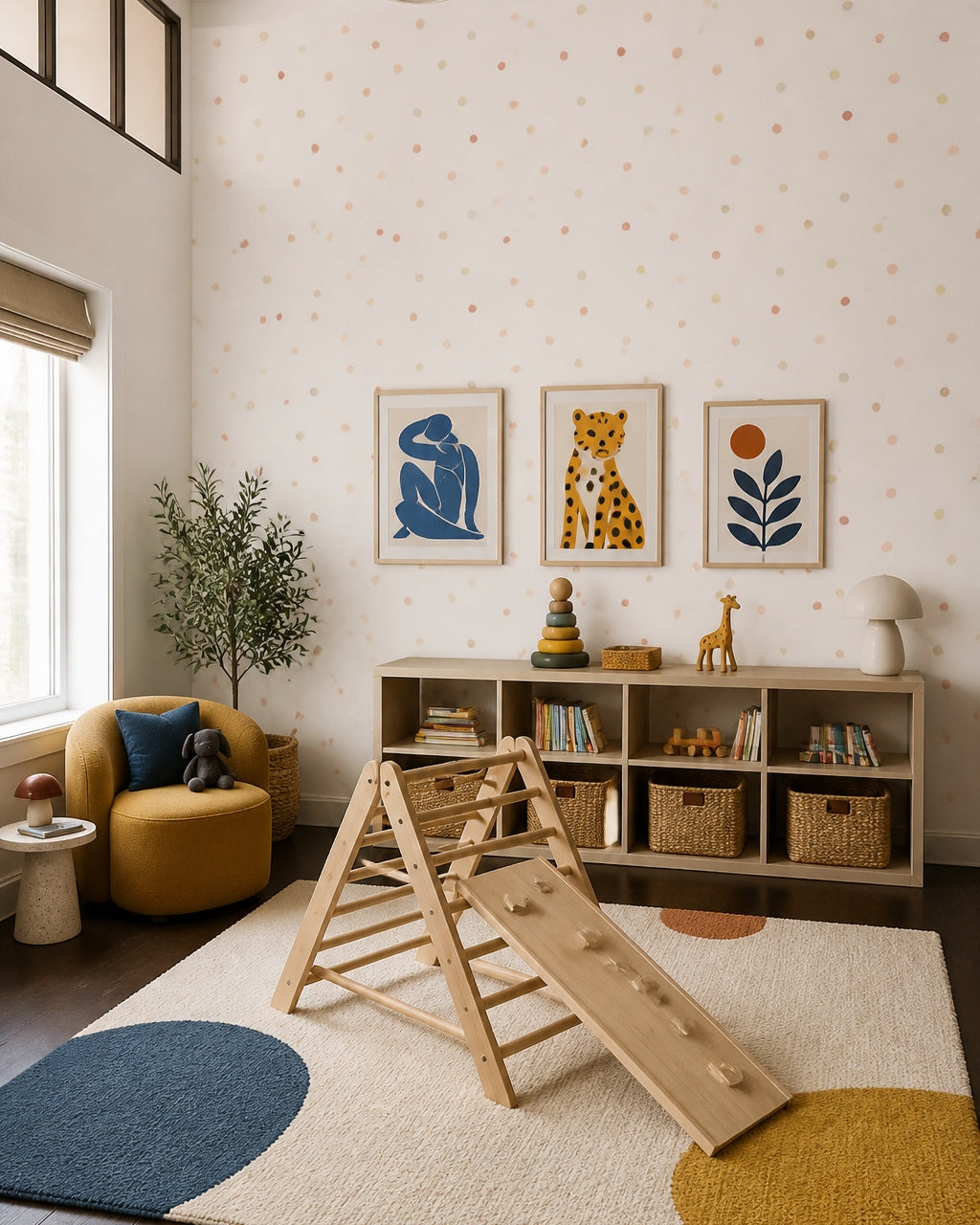 Colorful confetti dots wallpaper in a kids playroom.