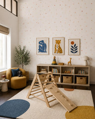 Colorful confetti dots wallpaper in a kids playroom.