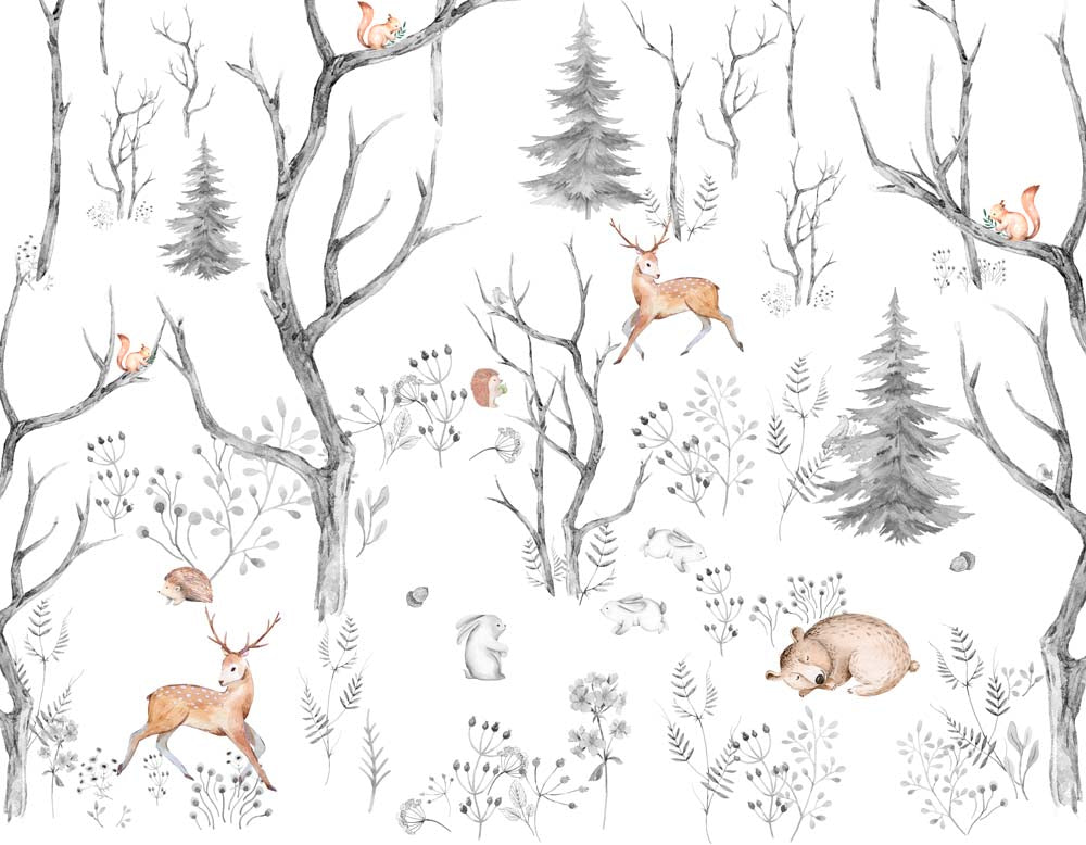 Kids Wall Mural Minimal Design Winter Forest Scandinavian Wallpaper for Kids Room