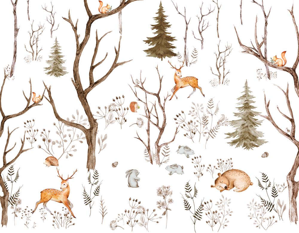 Kids Wall Mural Minimal Design Woodland Animals Scandinavian Wallpaper for Kids Room