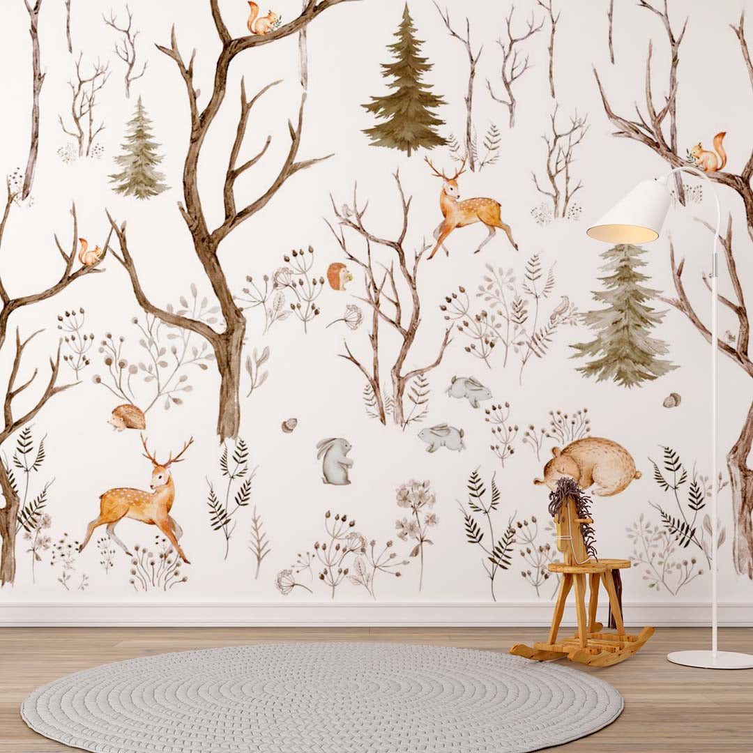 Kids Wall Mural Minimal Design Woodland Animals Scandinavian Wallpaper for Kids Room