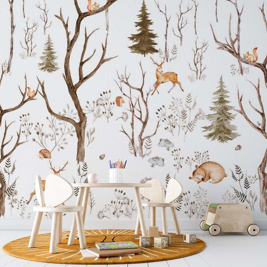 Kids Wall Mural Minimal Design Woodland Animals Scandinavian Wallpaper for Kids Room