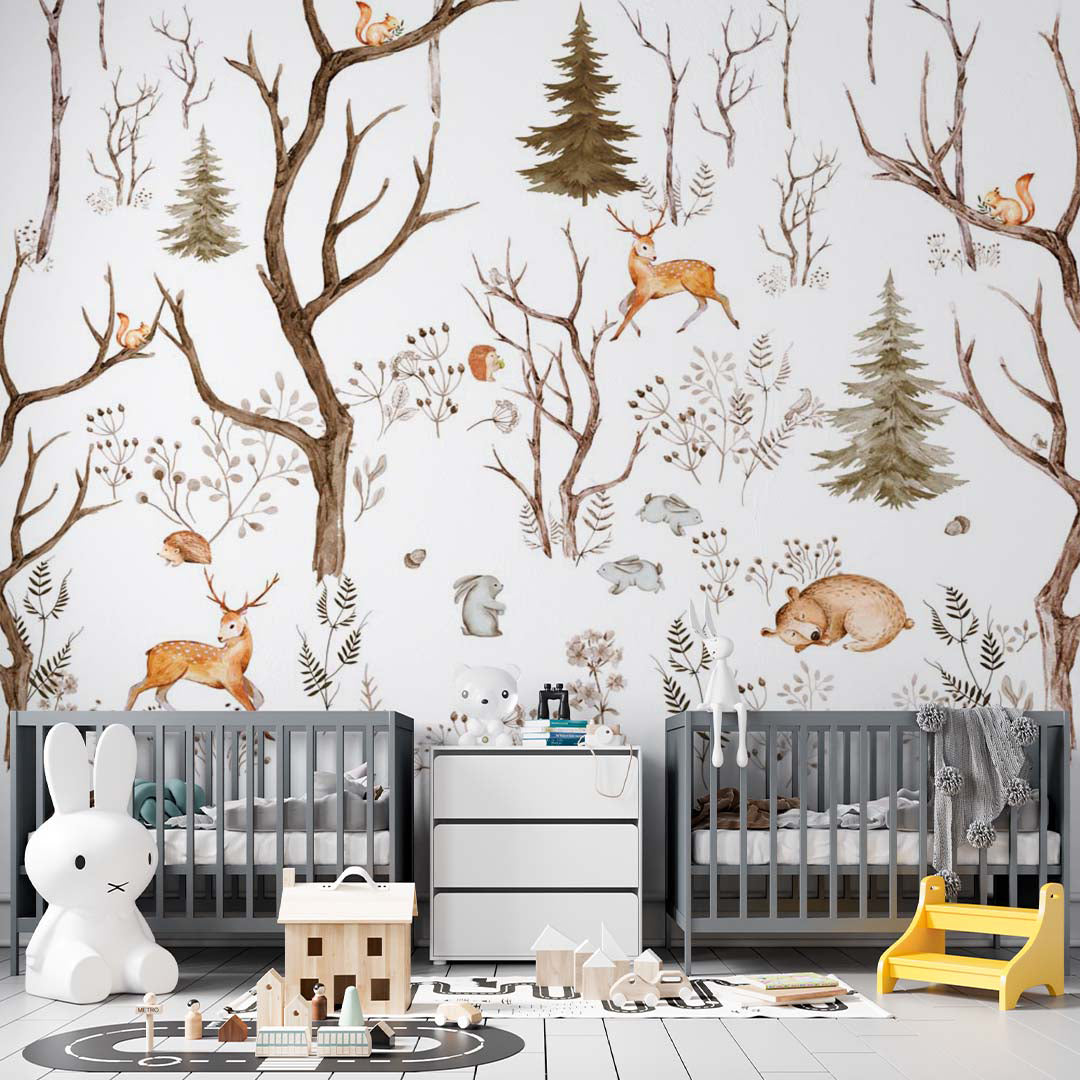 Kids Wall Mural Minimal Design Woodland Animals Scandinavian Wallpaper for Kids Room