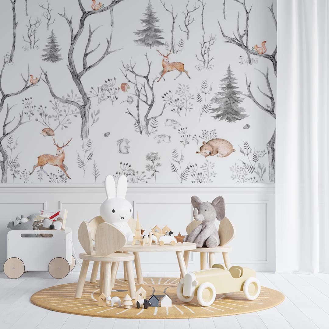 Kids Wall Mural Minimal Design Winter Forest Scandinavian Wallpaper for Kids Room