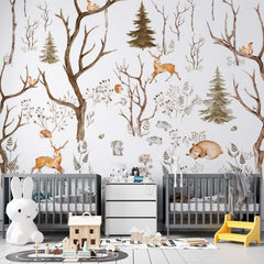 Custom Kids Wall Mural Minimal Design Woodland Animals Scandinavian Wallpaper for Kids Room