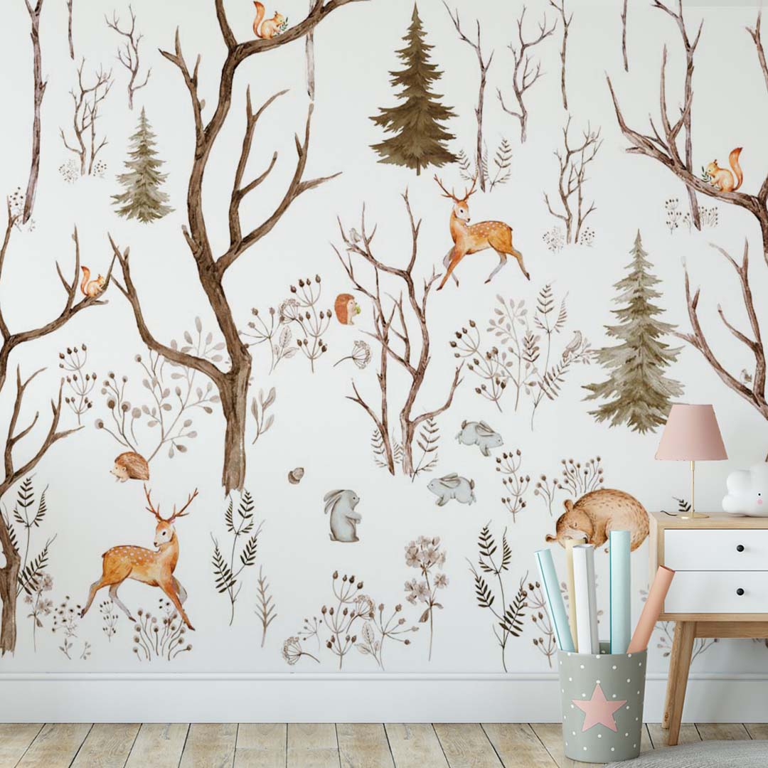 Kids Wall Mural Minimal Design Woodland Animals Scandinavian Wallpaper for Kids Room