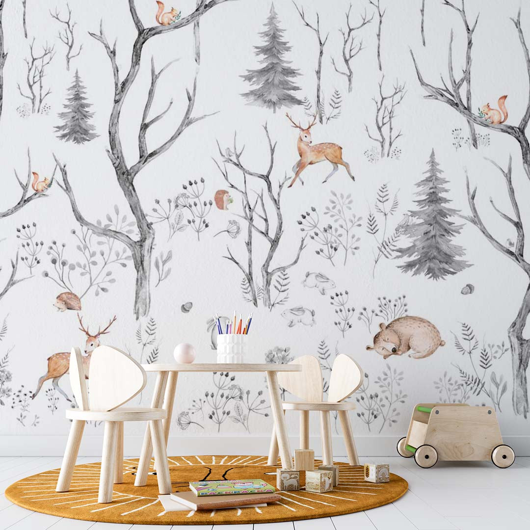 Kids Wall Mural Minimal Design Winter Forest Scandinavian Wallpaper for Kids Room