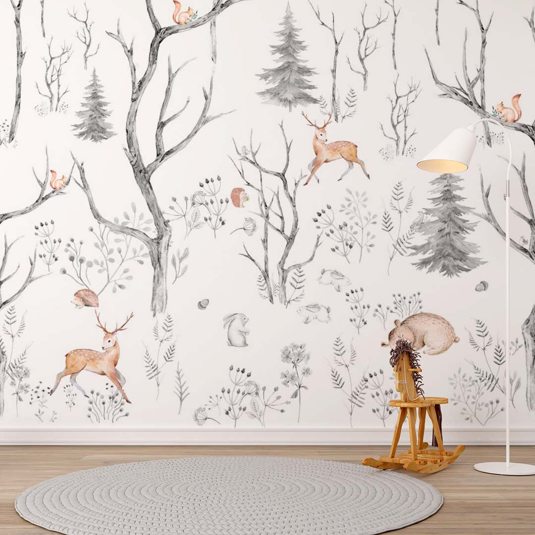 Kids Wall Mural Minimal Design Winter Forest Scandinavian Wallpaper for Kids Room