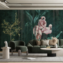 Custom Flamingo Wallpaper Tropical Green Pink Exotic Wall Mural Decor