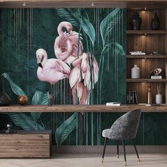 Custom Flamingo Wallpaper Tropical Green Pink Exotic Wall Mural Decor