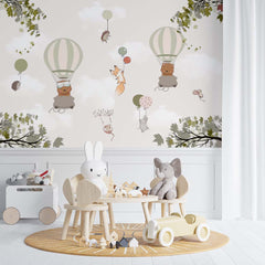 Custom Kids Wall Mural Hot Air Balloons Maple Leaves Cute Animals Wallpaper for Kids