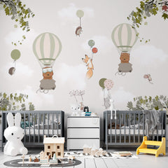 Custom Kids Wall Mural Hot Air Balloons Maple Leaves Cute Animals Wallpaper for Kids