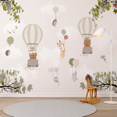 Custom Kids Wall Mural Hot Air Balloons Maple Leaves Cute Animals Wallpaper for Kids