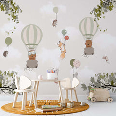 Custom Kids Wall Mural Hot Air Balloons Maple Leaves Cute Animals Wallpaper for Kids