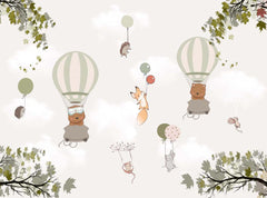 Custom Kids Wall Mural Hot Air Balloons Maple Leaves Cute Animals Wallpaper for Kids