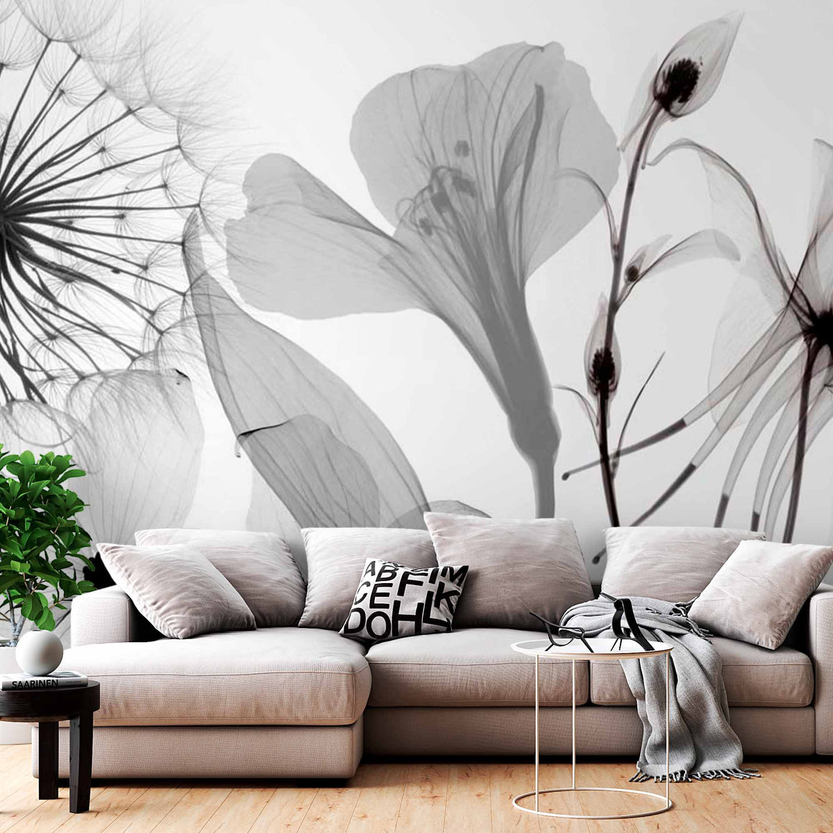 Custom Elegant Black and White Floral Silhouette Wall Mural Wallpaper