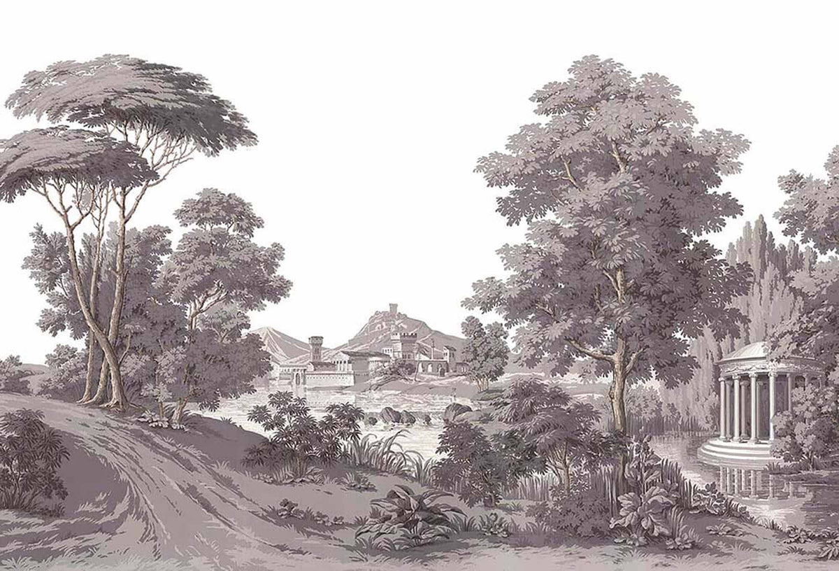 Papier peint paysage classique – Papier peint panoramique ancienne peinture mauve avec arbres et temple