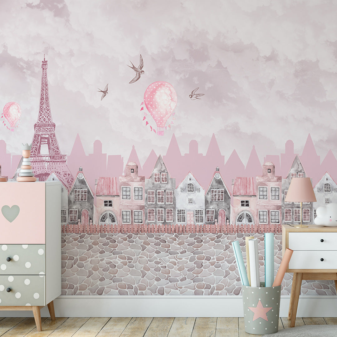 Kids Wall Mural Pink Paris Kids City Eiffel Tower Wallpaper for Girls