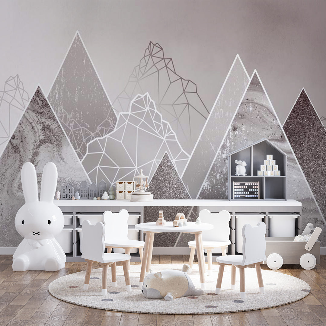 Kids Wall Murals Grey Fluid Mountains Sparkling Wallpaper for Kids