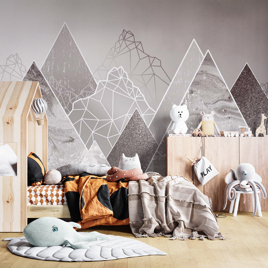 Kids Wall Murals Grey Fluid Mountains Sparkling Wallpaper for Kids